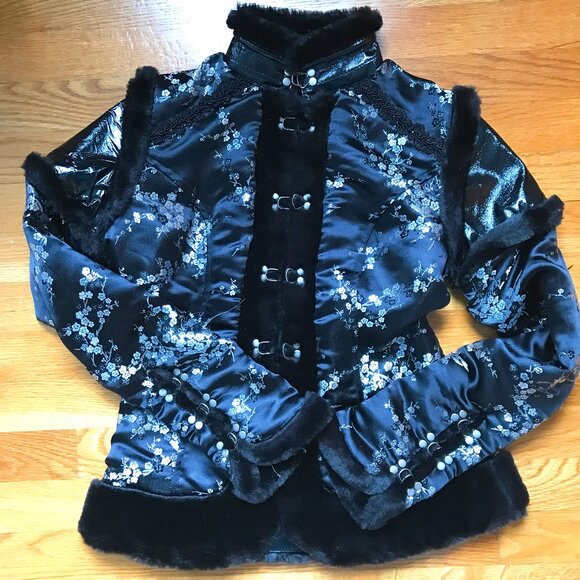 Lip Service Rare Tokyo Trix Black Silver Brocade Faux Fur Trim Short Jacket S - Picture 1 of 12